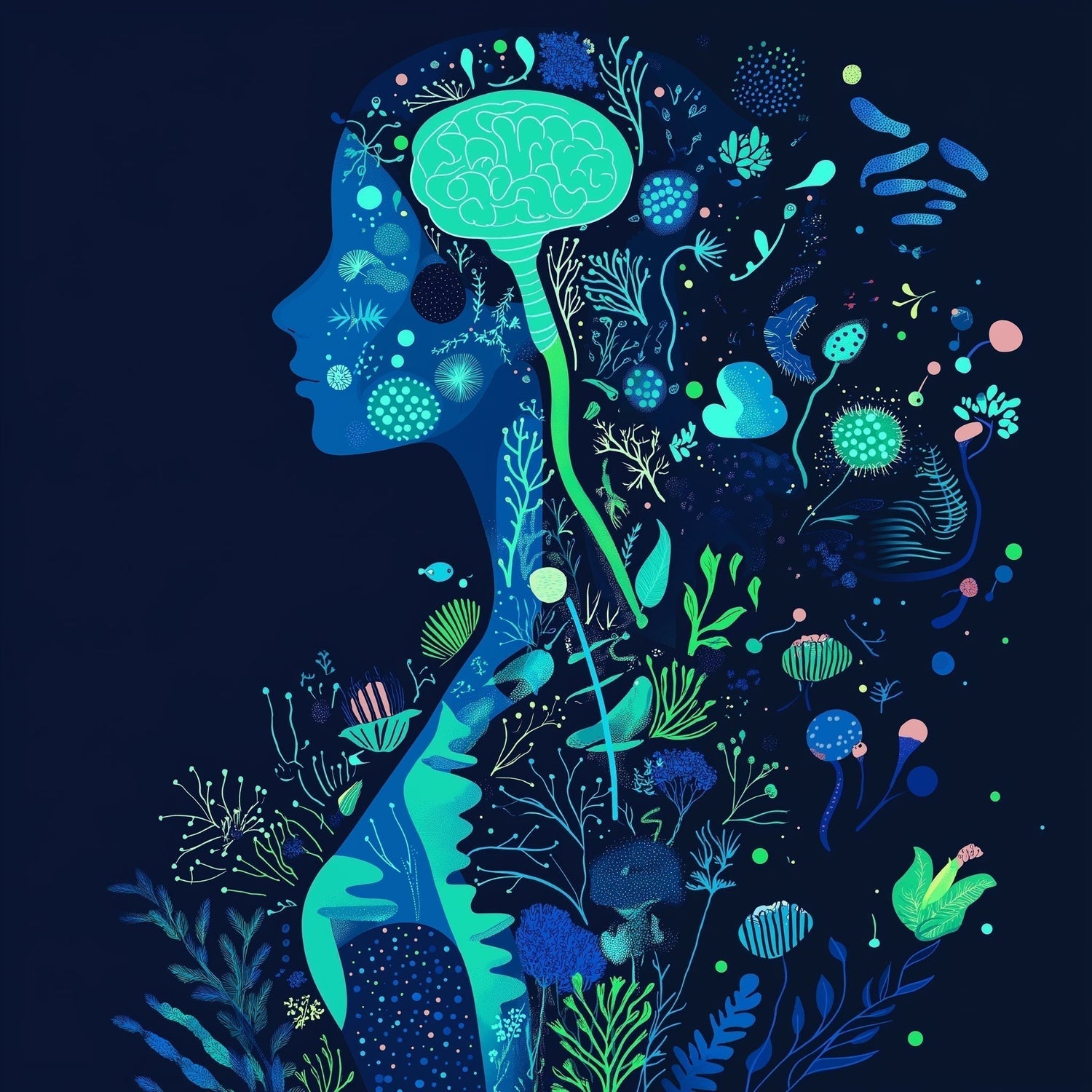 Ilustración de la silueta de una mujer con un cerebro y una red neuronal rodeada de plantas sobre un fondo oscuro