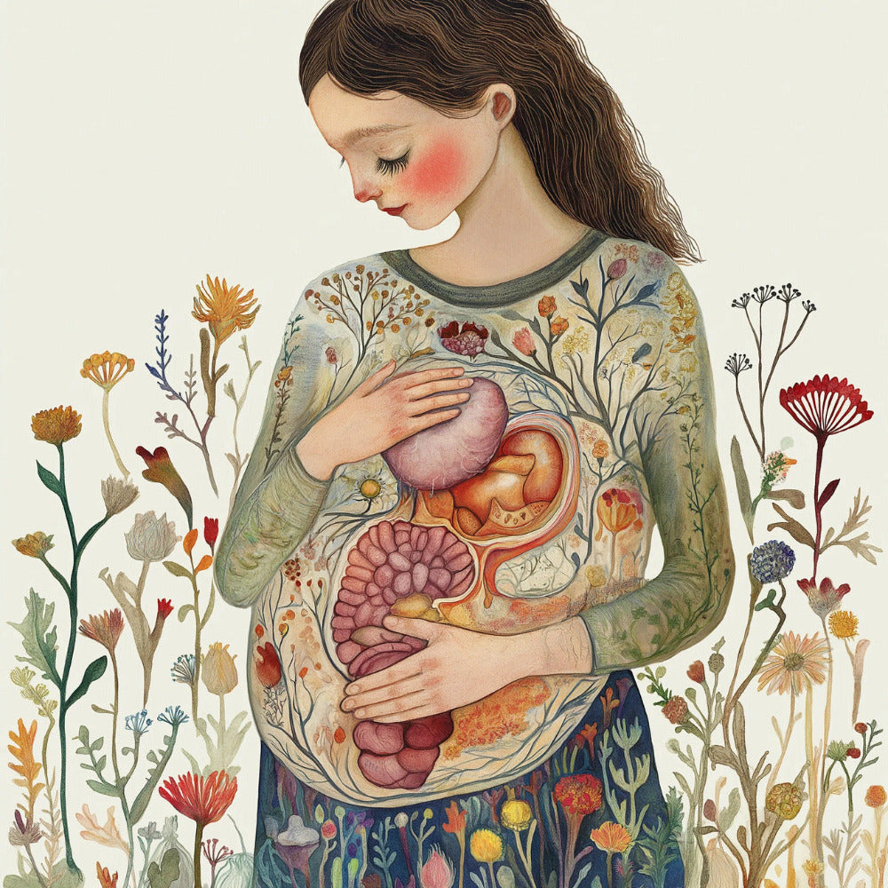 Ilustración de una mujer embarazada con detalles anatómicos en su cuerpo, rodeada de flores.