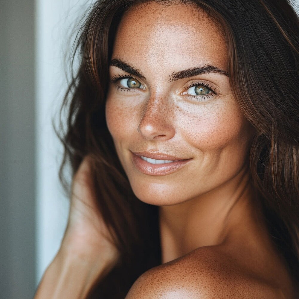 Primer plano de una mujer con pecas y una sonrisa suave, con un fondo neutro.